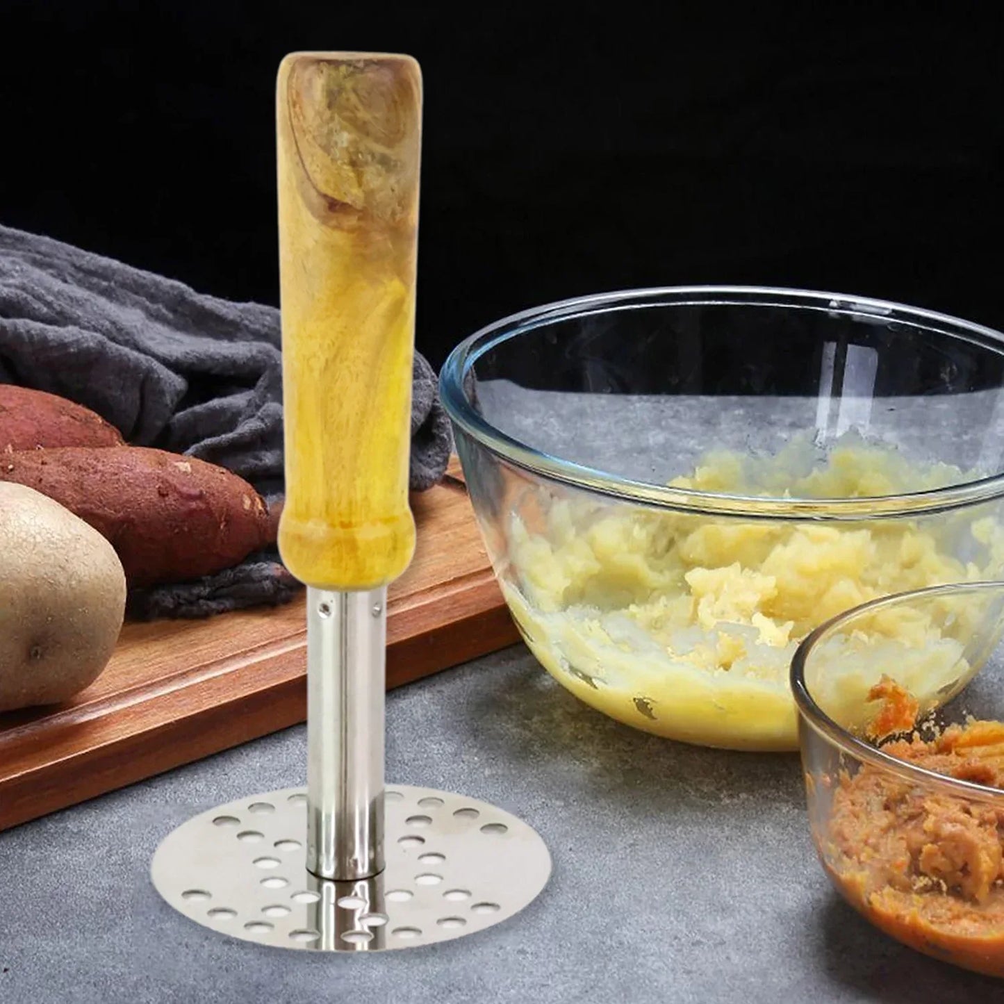064 Stainless Steel Potato Masher Pav Bhaji Masher With Wooden Handle - Zidbik