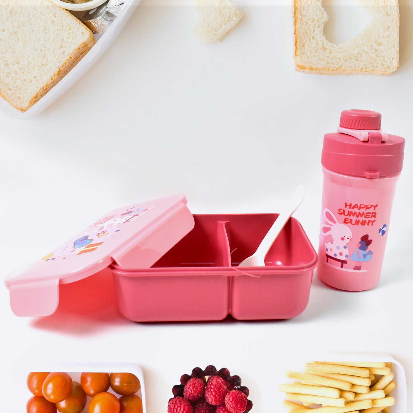 Plastic Lunch Box Leak Proof 2 Compartment With Bottle And Fork (1 Set  Mix Color) - Zidbik