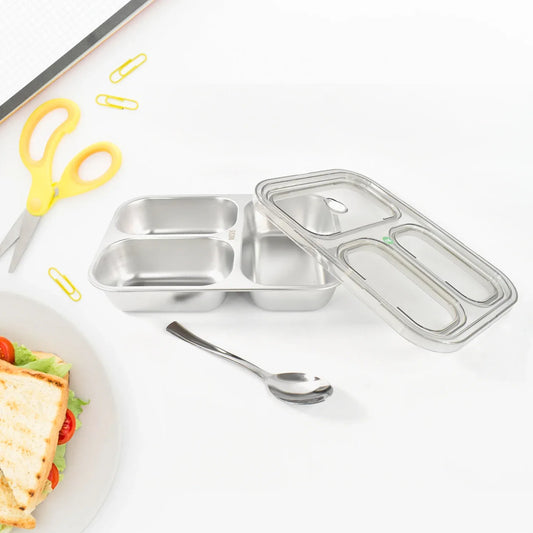 3 Compartment Transparent Stainless Steel Lunch Box For Kids - Zidbik