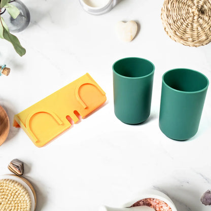 Multipurpose Wall Mount Toothbrush Holder Plastic Stand With 2 Cup (1 Set) - Zidbik