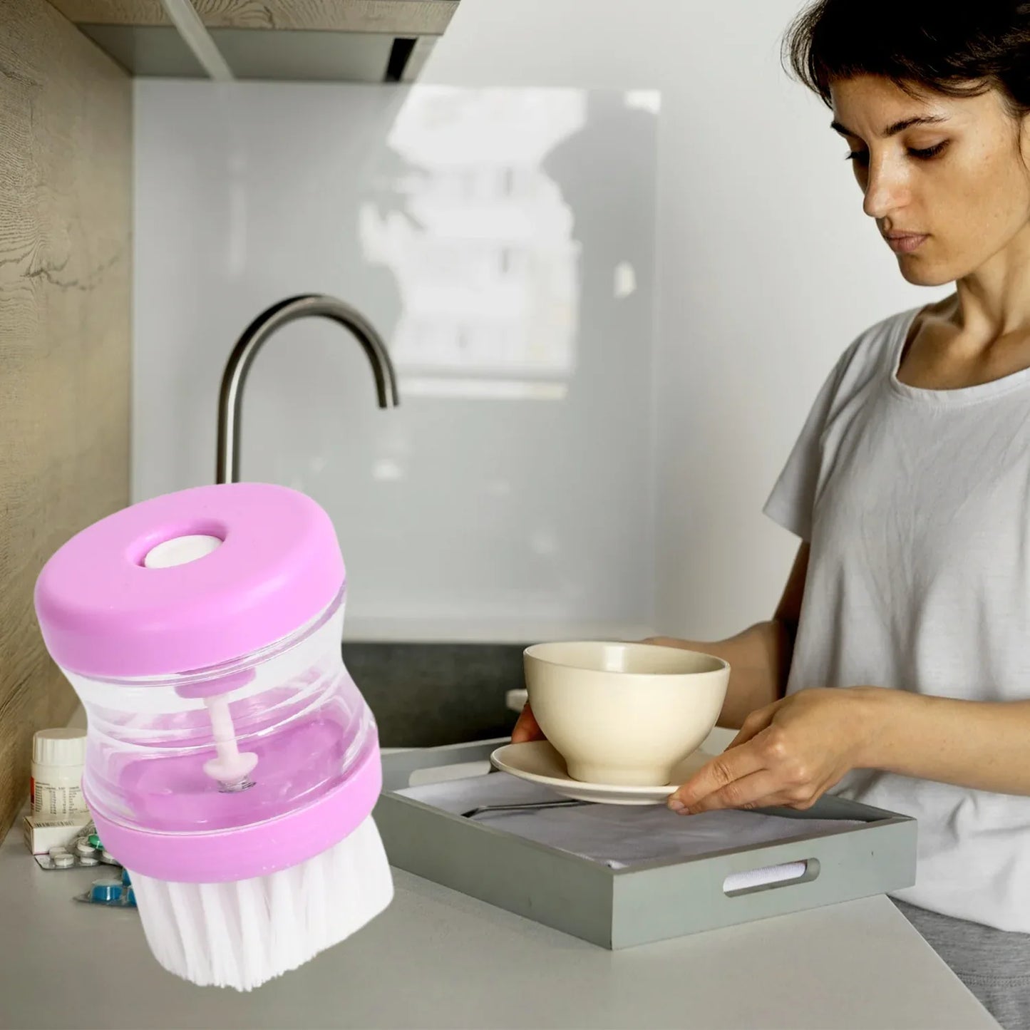 159 Plastic Wash Basin Brush Cleaner With Liquid Soap Dispenser (Multicolour) - Zidbik