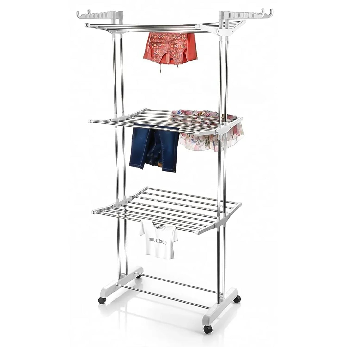 3-tier Foldable Stainless Steel Cloth Drying Stand With Wheels - Zidbik