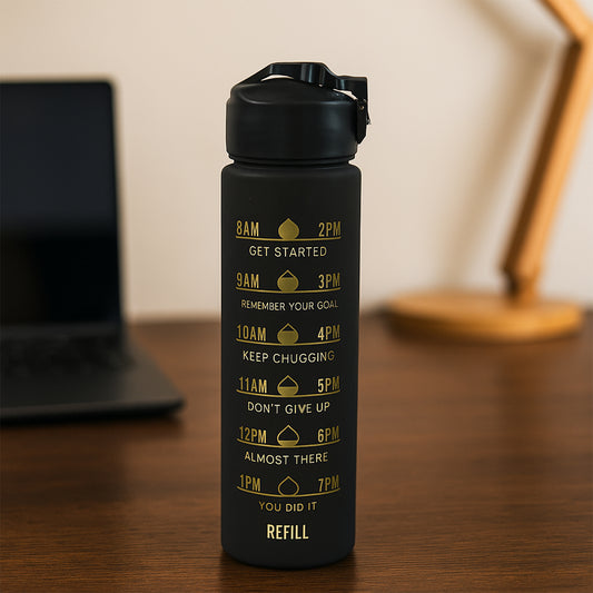 2 Pc Premium Black Motivational Water Bottle Set (900 Ml + 300 Ml) - Zidbik
