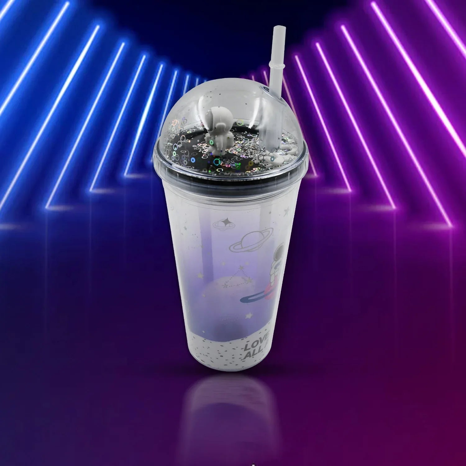 6883b Led Glow Light Design Printed Insulated Double Wall Plastic Tumbler Cups With Straws 13oz Theming Astronaut In Space Travel Tumbler Freezer Mug Drinking Cups For Boys And Girls Schooltuitiongym Picnic (Pack Of 1) - Zidbik