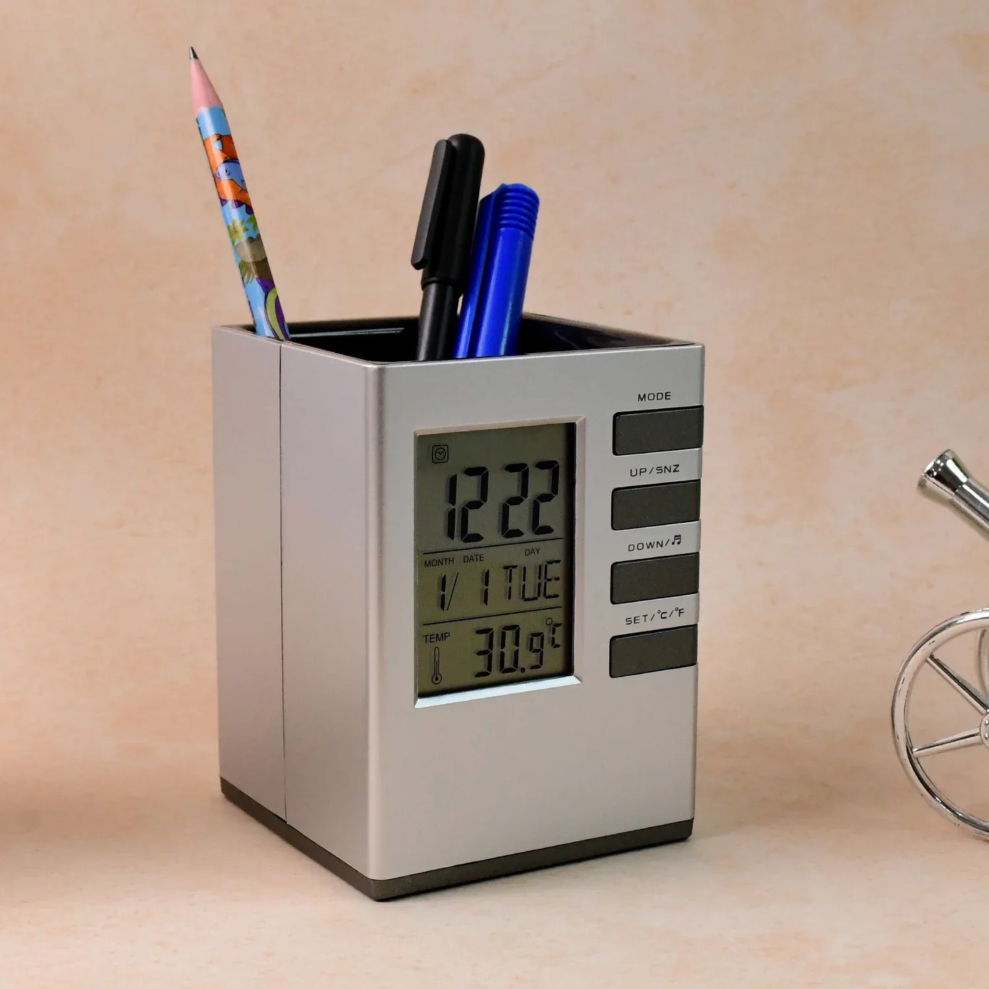 Multifunction Cube Digital Desk Clock With Pen Holder (1 Pc) - Zidbik