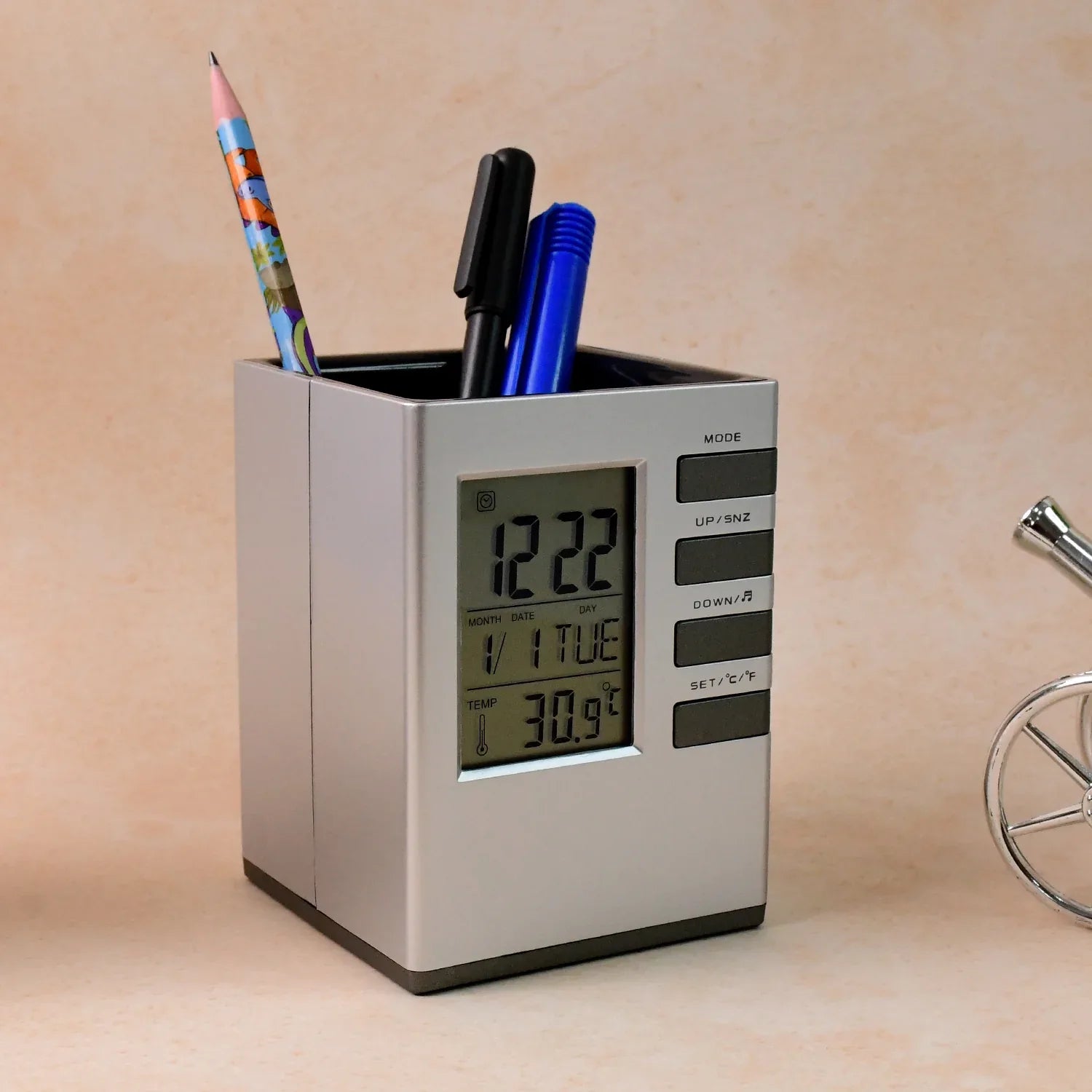 Multifunction Cube Digital Desk Clock With Pen Holder (1 Pc) - Zidbik