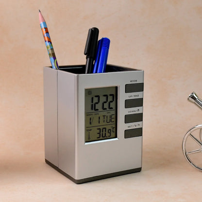 Multifunction Cube Digital Desk Clock With Pen Holder (1 Pc) - Zidbik