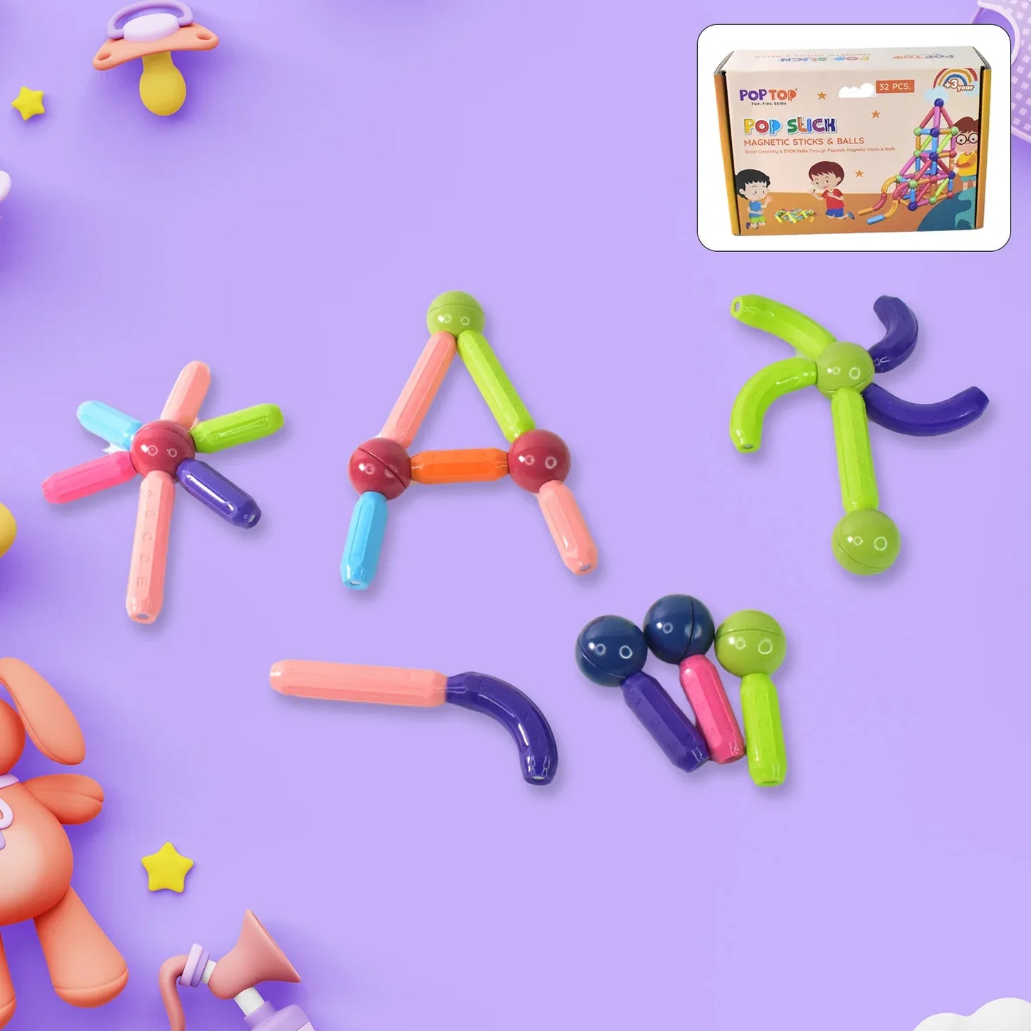 Magnetic Sticks Building Blocks Learning Toy For Kids (32 Pc) - Zidbik