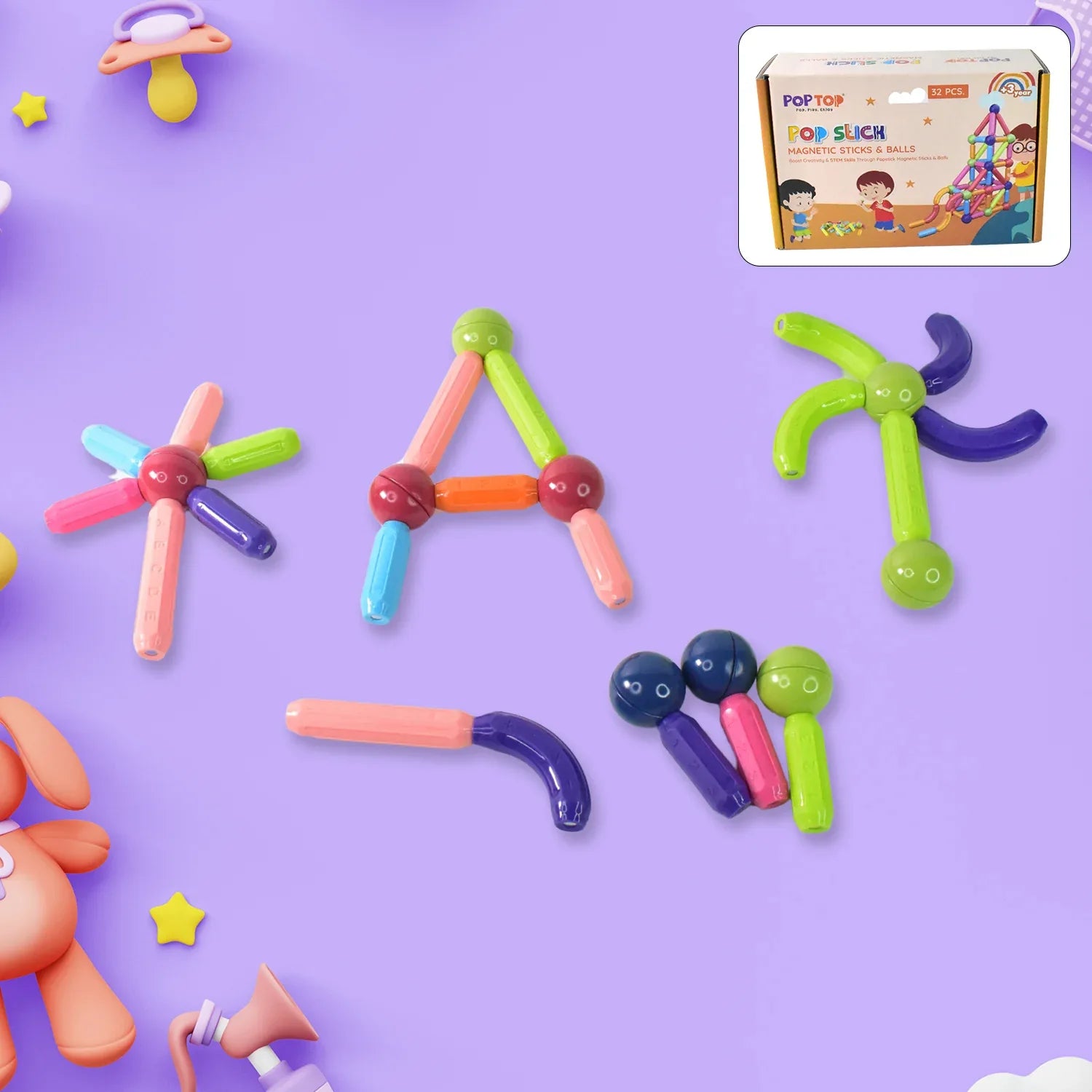Magnetic Sticks Building Blocks Learning Toy For Kids (32 Pc) - Zidbik