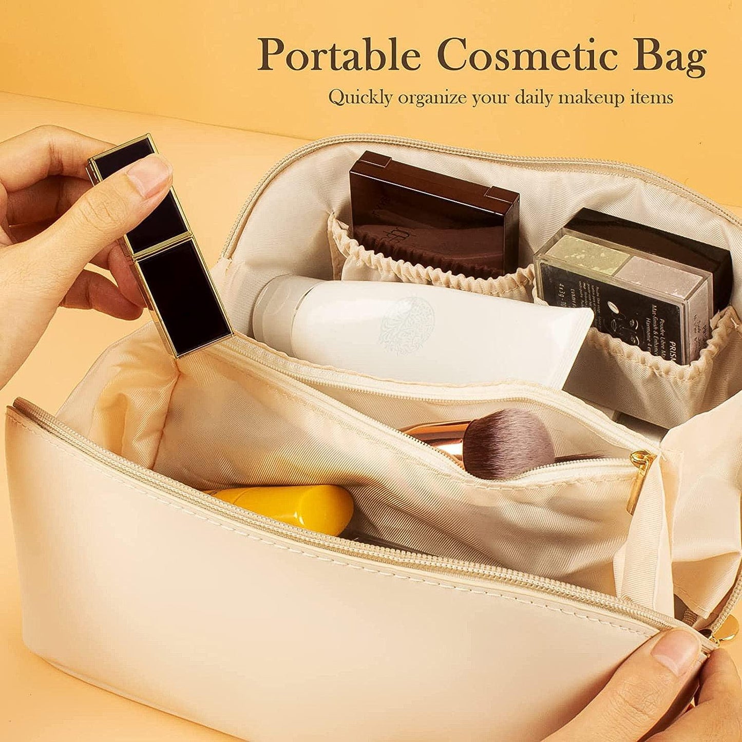 Premium Cream Travel Makeup Toiletry Organizer Pouch With Zipper Handle (1 Pc) - Zidbik
