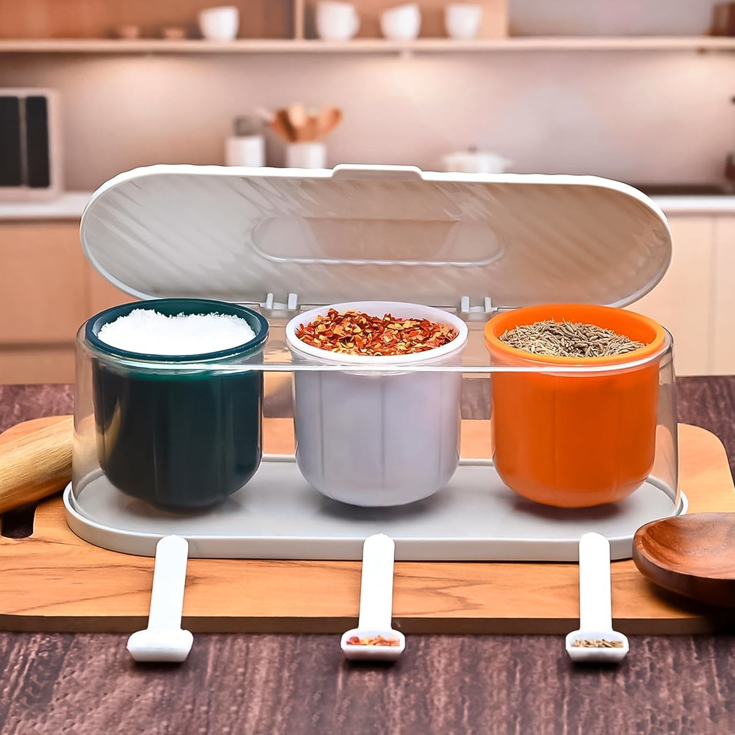 Home Kitchen 3 Grid Seasoning Spice  Masala Box Kit With Spoon (Multicolor  1 Set) - Zidbik