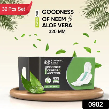 0982 Sanitary Pads For Women With Goodness Of Neem  Aloe Vera  Ultra Thin  Leakage Protection  Ph Balance  With Antibacterial Anion Chip  5x More Absorbance (320 Mm  32 Pads) - Zidbik