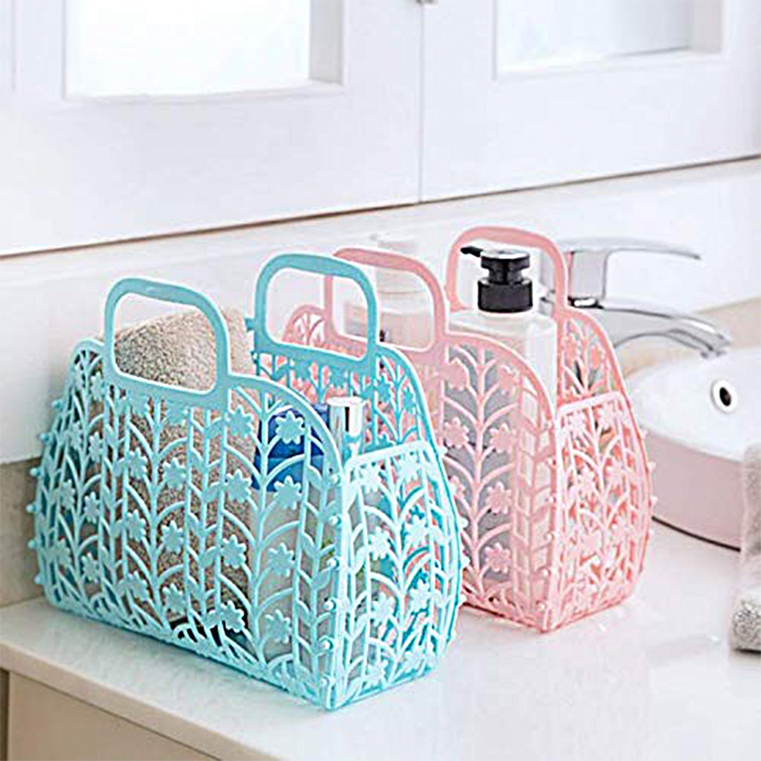 Plastic Foldable Basket Bag  Fruit  Vegetable Storage Basket (3 Pcs Set  Multicolor) - Zidbik