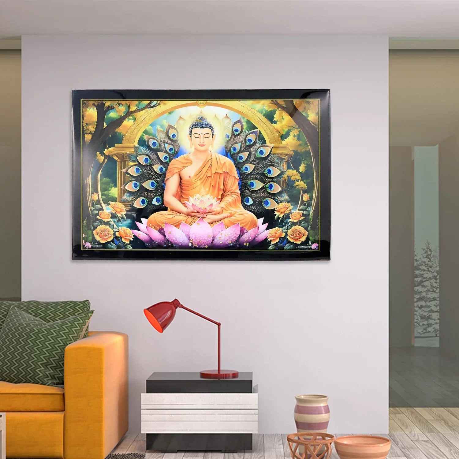 Decorative Lord Buddha Wall Painting With Wooden Frame Mix Design 45x30 Cm Approx (1 Pc) - Zidbik