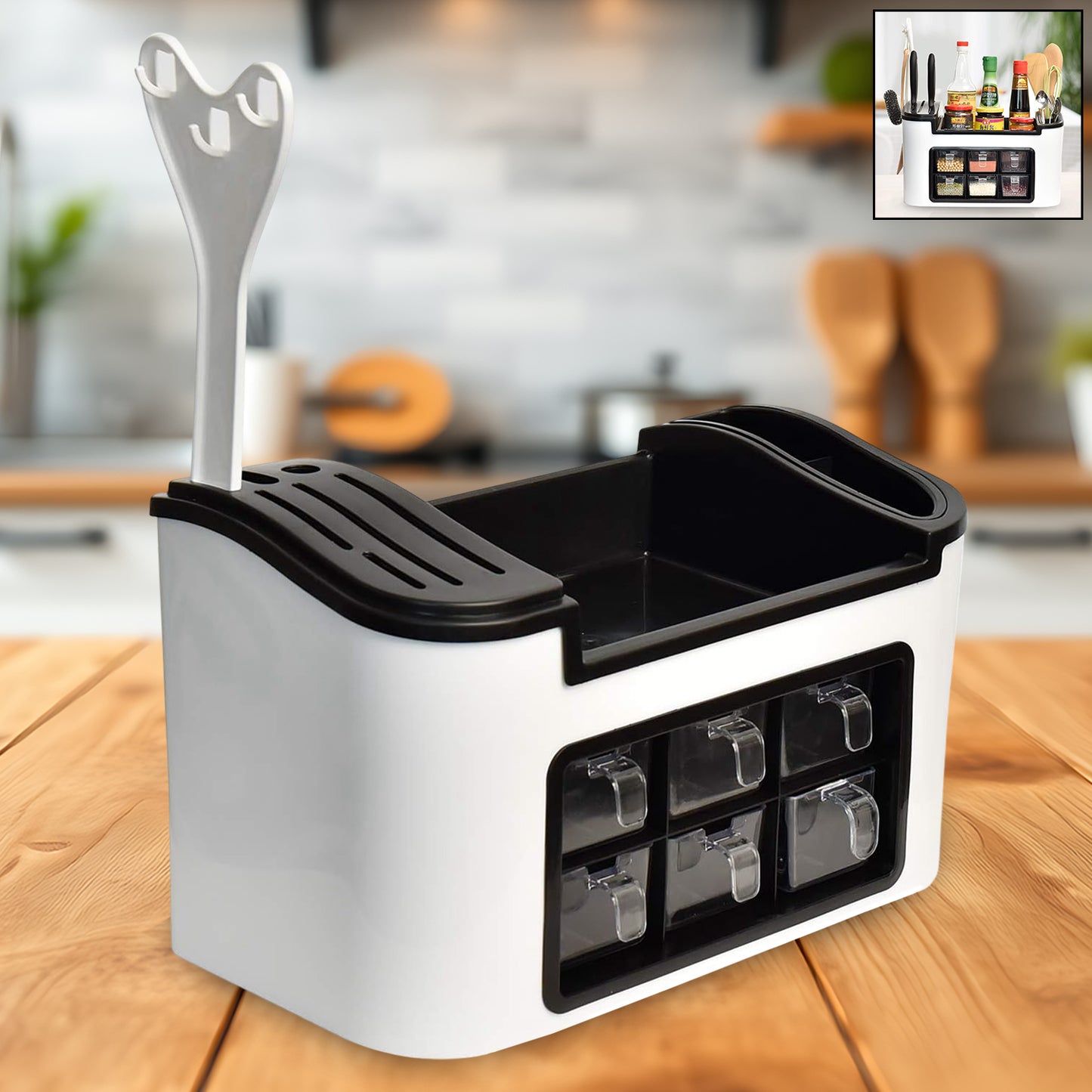 Multifunctional Kitchen Storage Organizer Rack With 6 Spice Containers Knife  Spoon Holder And Top Shelf - Zidbik