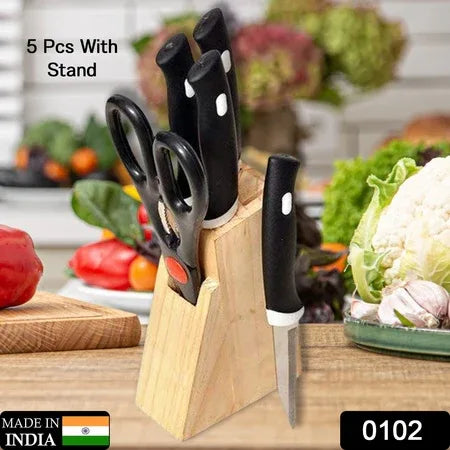 Kitchen Knife Set With Wooden Block And Scissors (5 Pcs Black) - Zidbik
