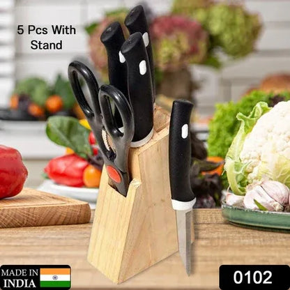 Kitchen Knife Set With Wooden Block And Scissors (5 Pcs Black) - Zidbik