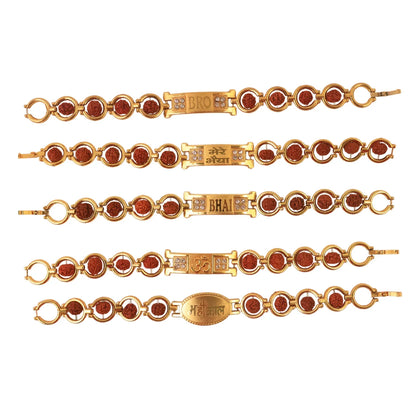 Gold Plated Designer Circular Bead Bracelet Rakhi For Brother (Mix Design 1 Pc) - Zidbik