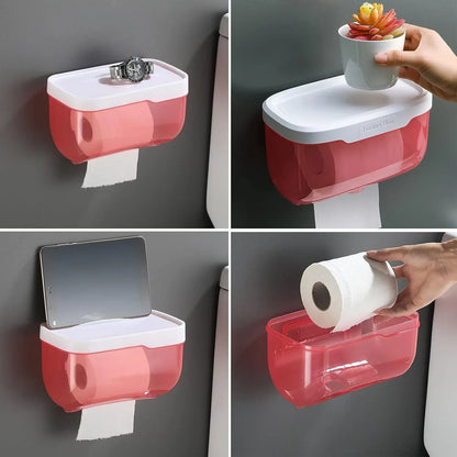 4154 Multifunction 2-in-1 Bathroom Tissue Box Paper Phone Tablet Holder With Hook Self Adhesive Punch-free Wall Mounted Waterproof Bathroom Roll Holder (1 Pc) - Zidbik