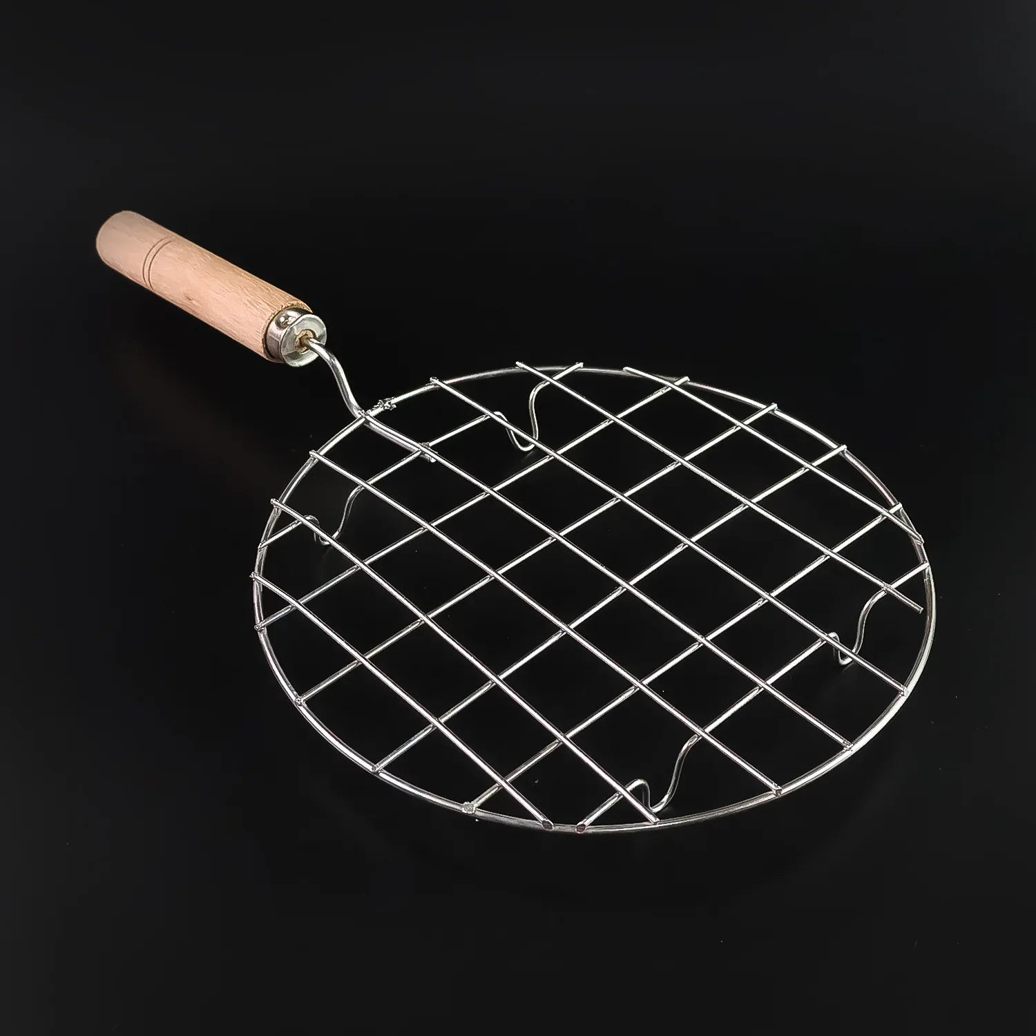 2085 Kitchen Round Stainless Steel Roaster Papad Jali Barbecue Grill With Wooden Handle - Zidbik