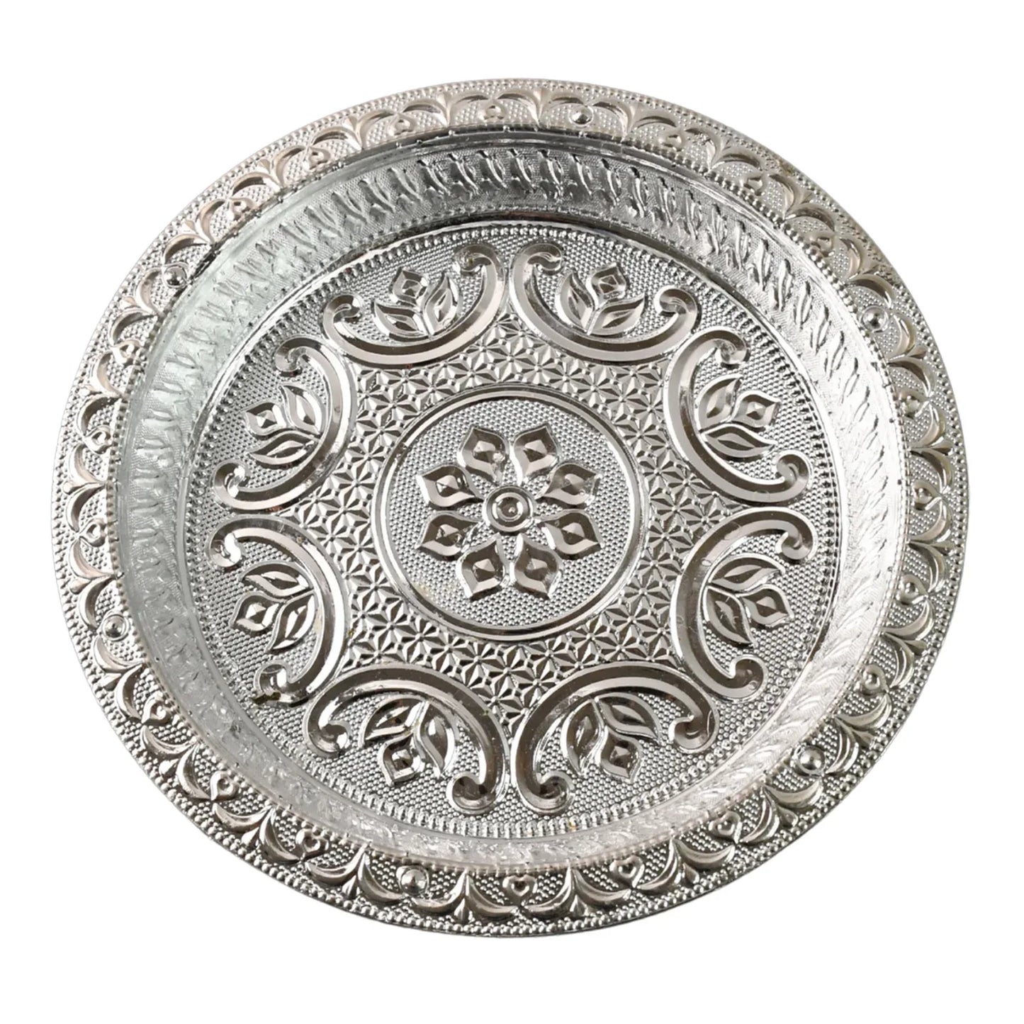 Traditional Silver Finish Plastic Pooja Thali (1 Pc) - Zidbik