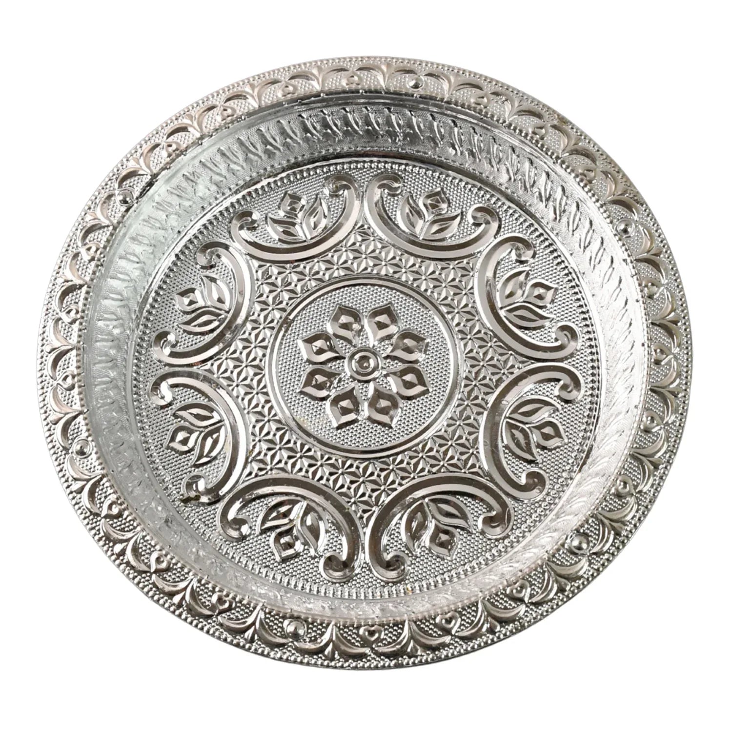 Traditional Silver Finish Plastic Pooja Thali (1 Pc) - Zidbik