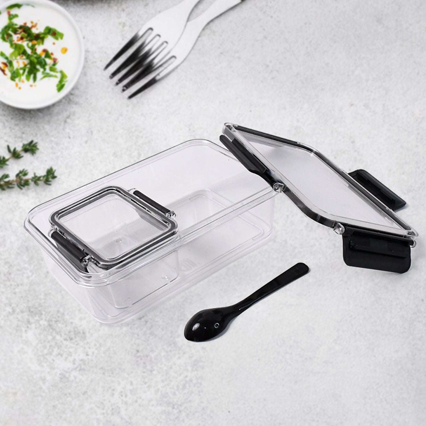 Plastic Kitchen Storage Container Big 800 Ml  Small 250 Ml With Air Seal Lock Lid  Spoon - Zidbik