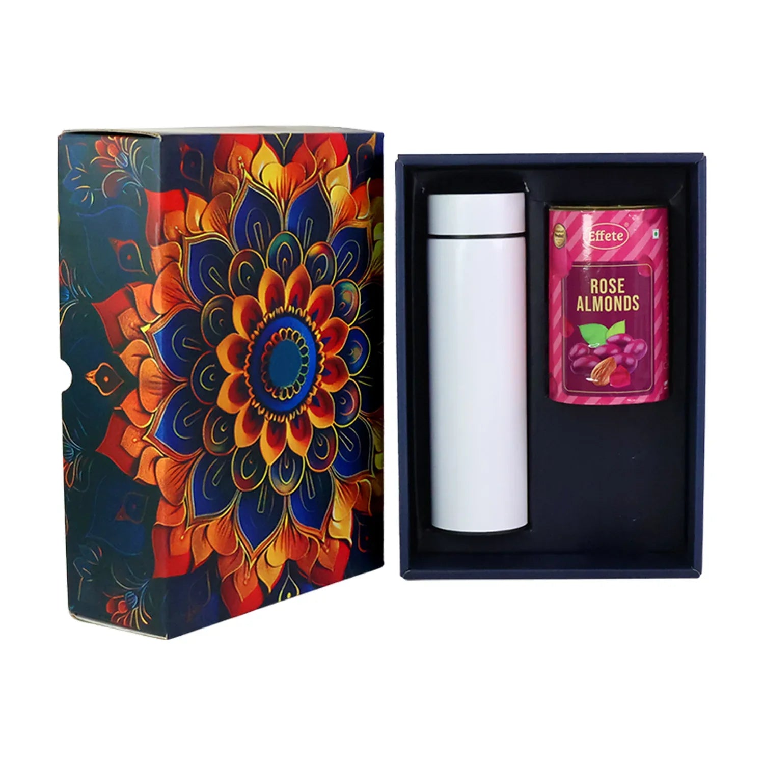 Effete Rose Almonds Gift Hamper Golden With Bottle (2 Pc Set) - Zidbik