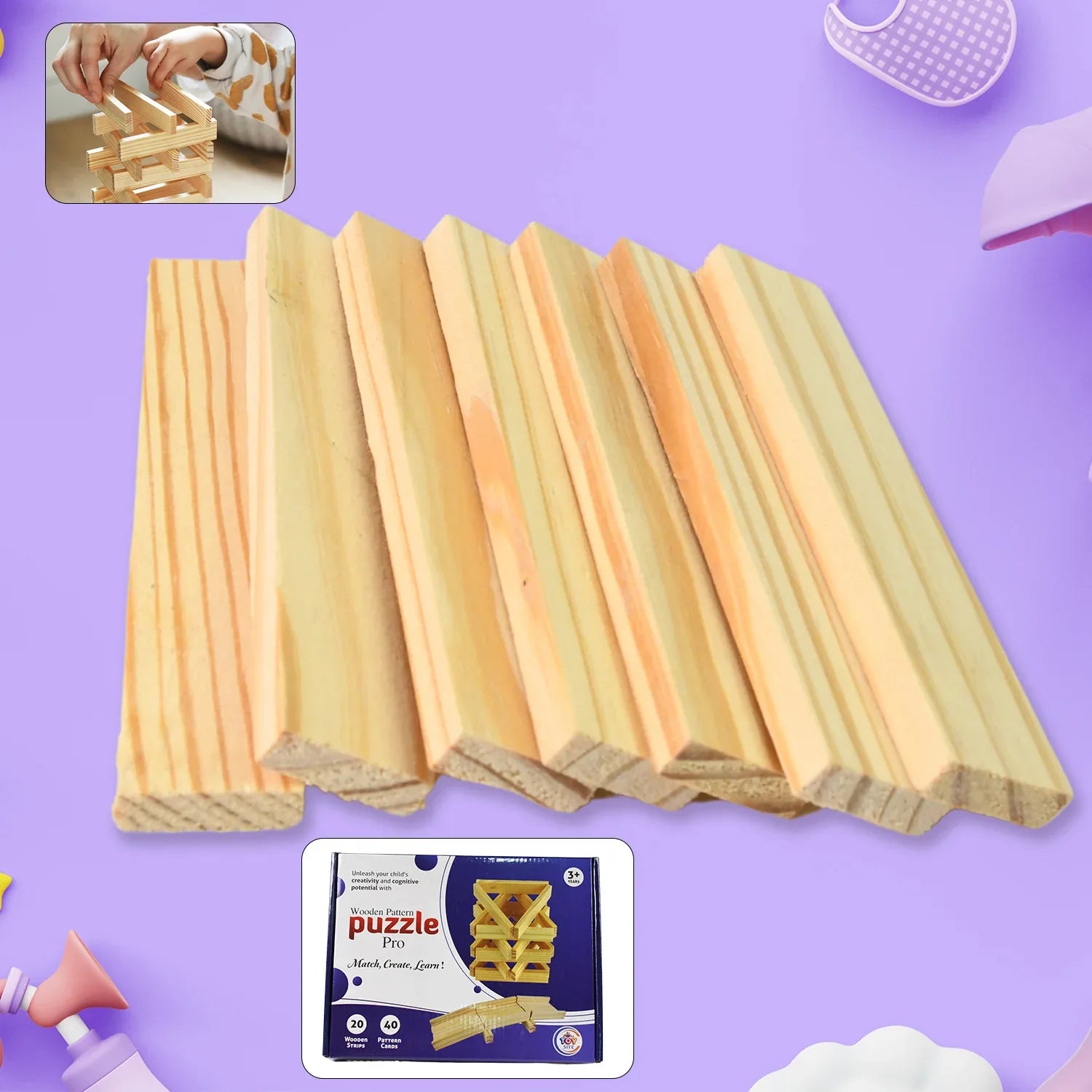 Wooden Pattern Brain Puzzles 20 Pcs Wooden Strips 40 Pattern Cards (1 Set) - Zidbik