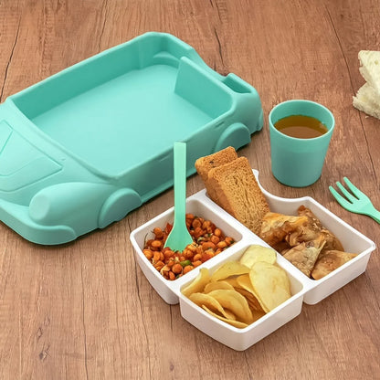 Kids Car Shaped Plates Cup Lunch Box Dinnerware Set (4 Pcs Set 1000 Ml Lunch Box) - Zidbik