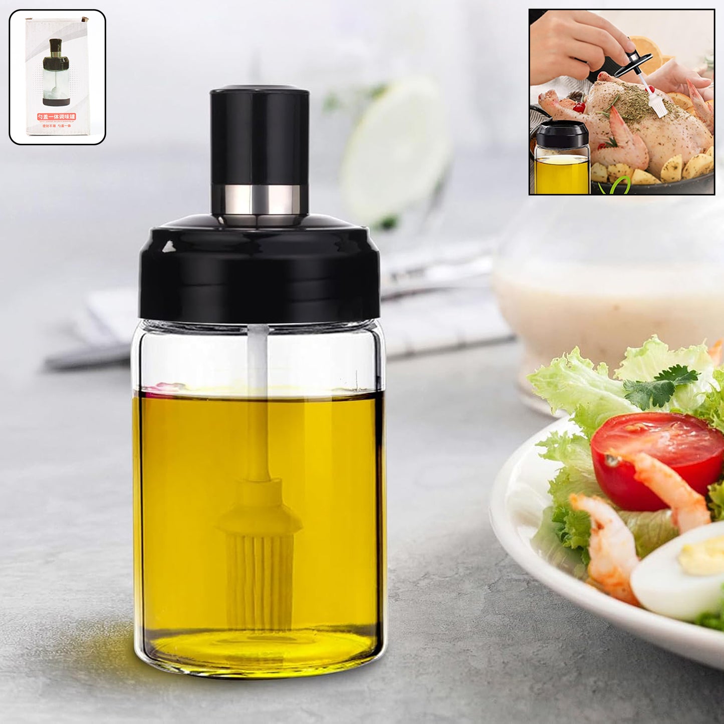 Clear Glass Oil Dispenser Bottle With Integrated Silicone Basting Brush (250ml Approx) - Zidbik