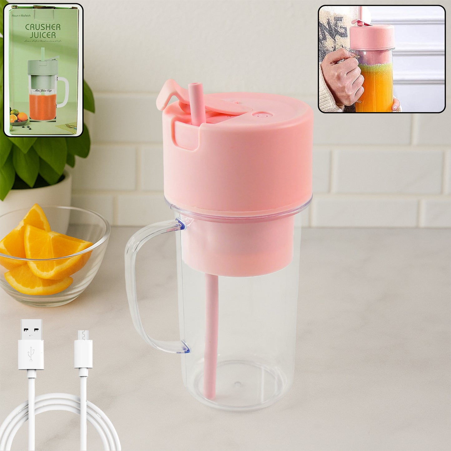 Portable Crusher Juicer With Handle  Straw Usb Rechargeable 6 Blades (420 Ml) - Zidbik