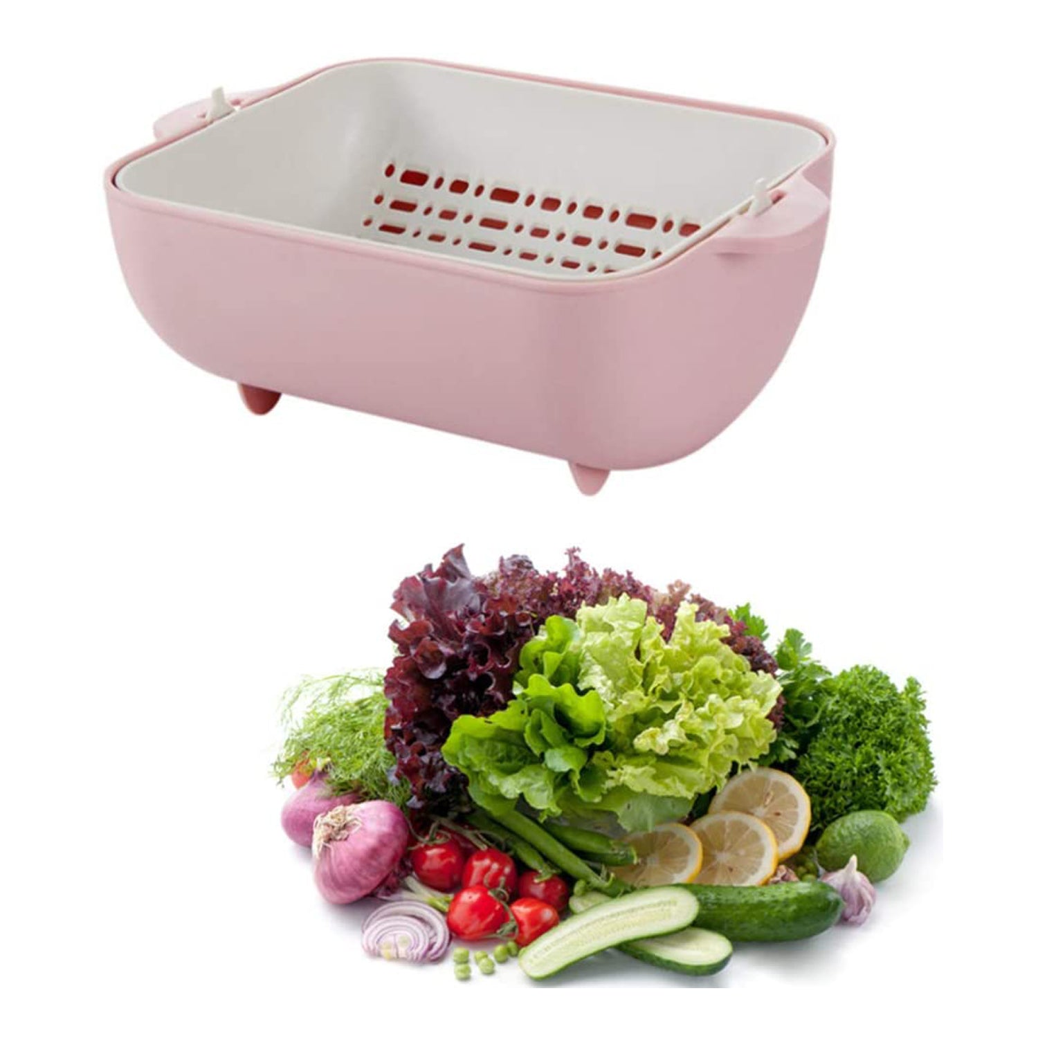 2717 Multifunctional Bpa Free Double Layered Plastic Rotatable Strainer Bowl With Handles For Washing Rinsing Serving Vegetables  Fruits (Multicolor) - Zidbik