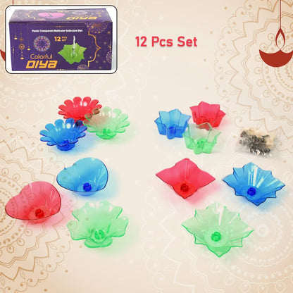 Colourful Reflection Diya Combo Plastic Candle Cup With Multi Shape (12 Pcs Set) - Zidbik