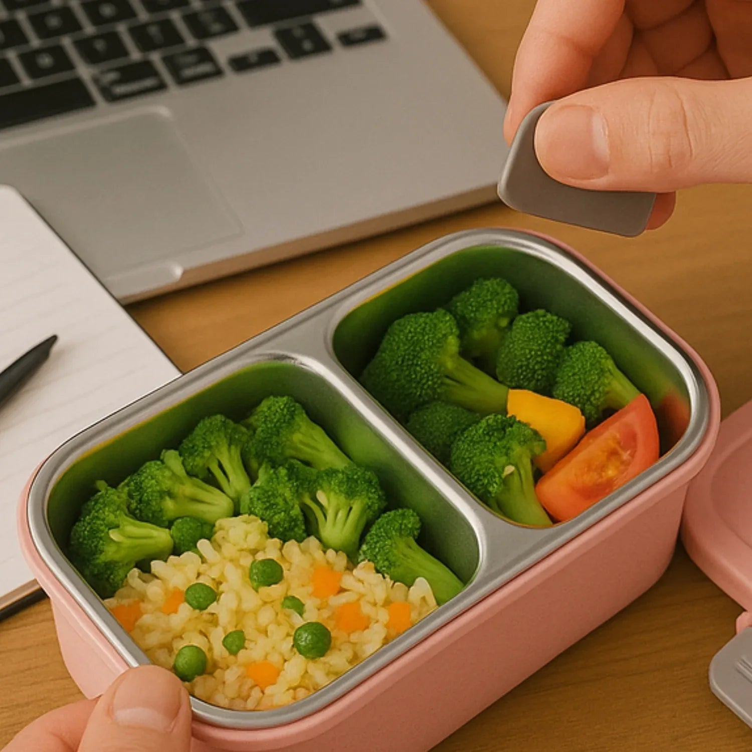 5583 Miracle Quick Lock Leak Proof 2 Compartment Stainless Steel Lunch Box Inner Plate Reusable Microwave Freezer Safe Lunch Box Trendy Thermal Insulation Leak Proof For Office Vacuum Tiffin Box For Boys Girls School Office Women And Men - Zidbik