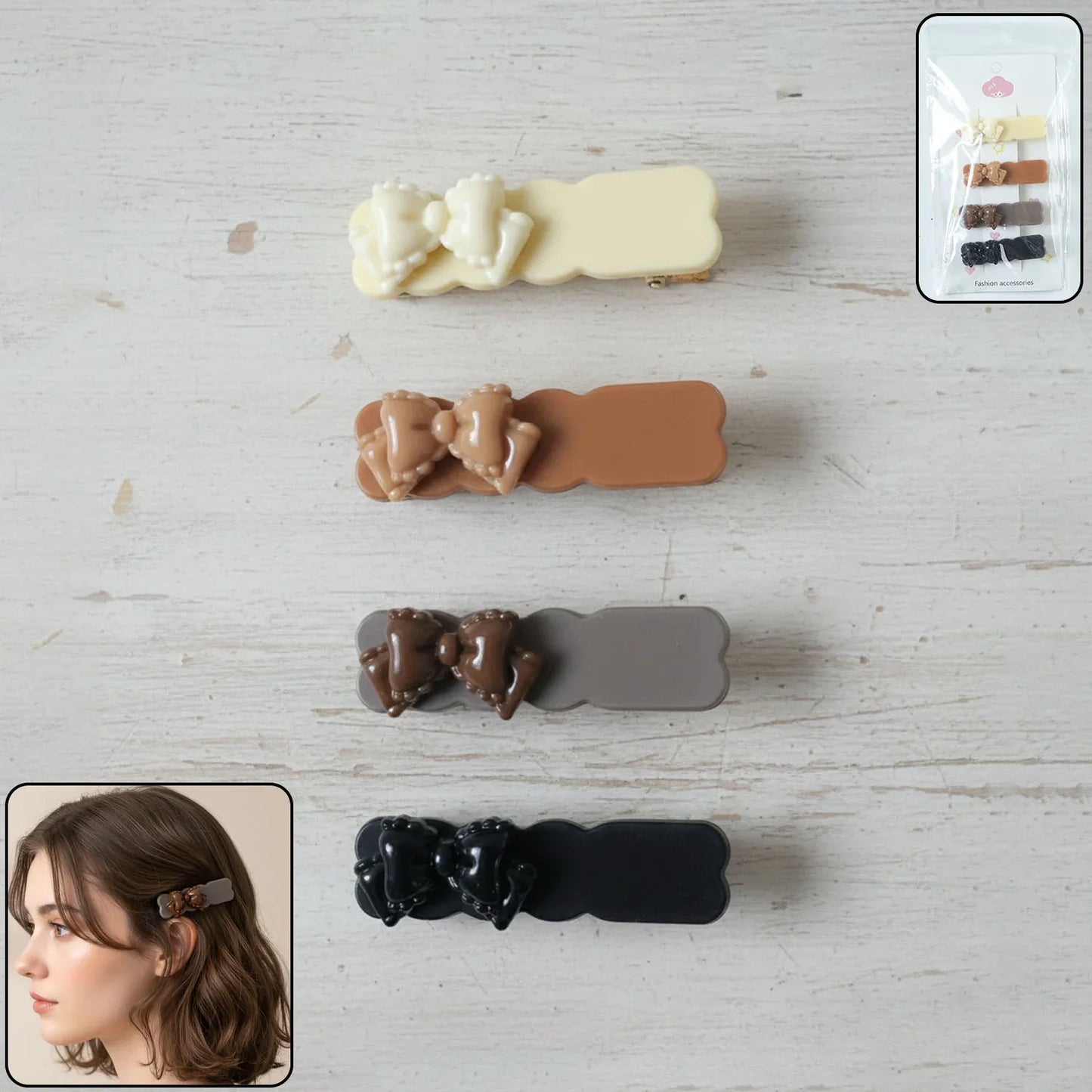 Elegant Bow Design Hair Clips Set (4 Pc) - Zidbik