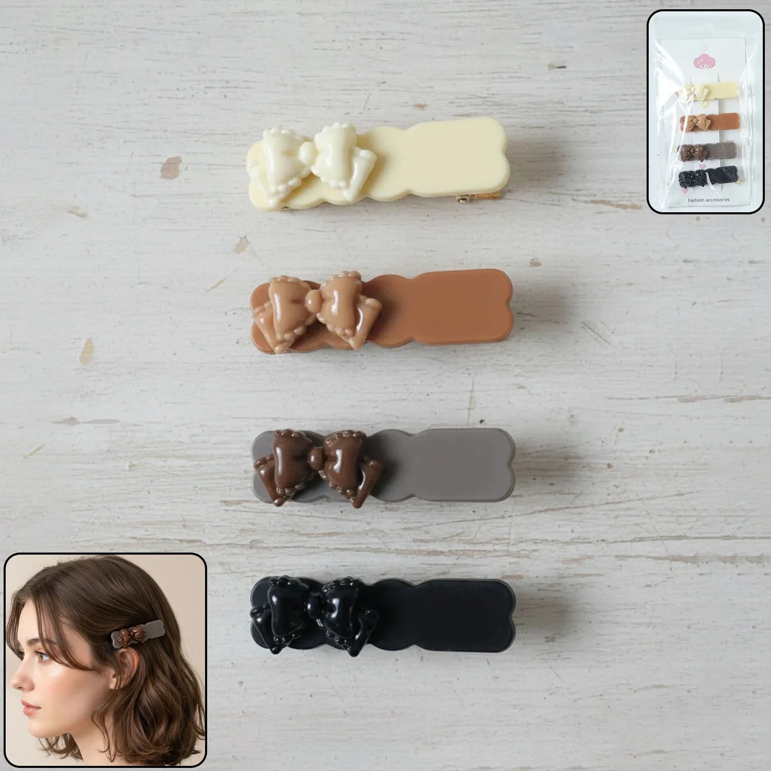 Elegant Bow Design Hair Clips Set (4 Pc) - Zidbik