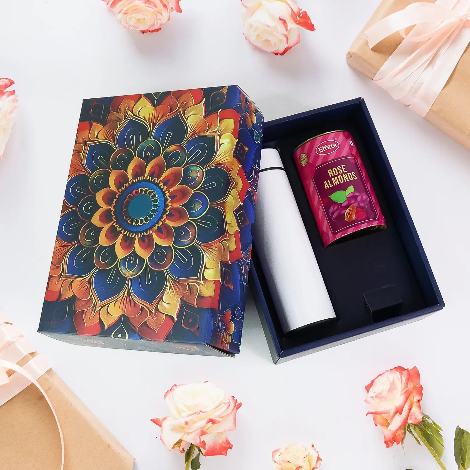 Effete Rose Almonds Gift Hamper Golden With Bottle (2 Pc Set) - Zidbik