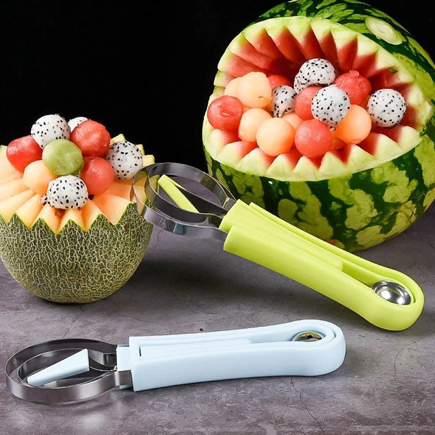 2606 4 In 1 Stainless Steel Melon Baller Seed Remover Sorbet Dessert Ball Spoon Fruit Digging Spoon Double Sided Fruit Scooper Watermelon Baller Scoop - Zidbik