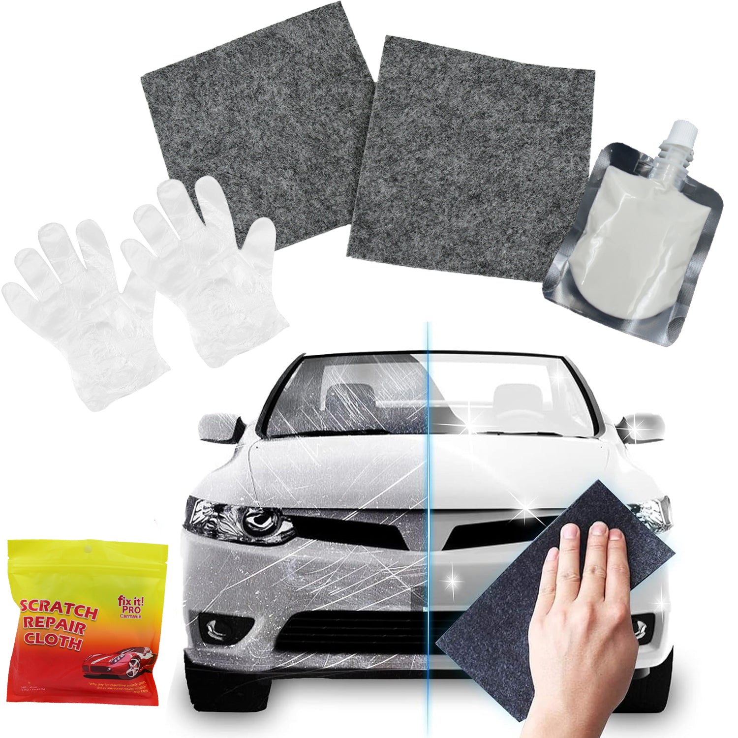 8527 Nano Magic Car Scratch Remover Cloth Multipurpose Scratch Repair Cloth Cloth For Car Paint Scratch Repair Easy To Repair Slight Scratches On The Surface Polishing Repeatable Use For All Kinds Of Car (45 Ml Repair Solution 2 Gloves 2 Nano Cloth) - Zidbik