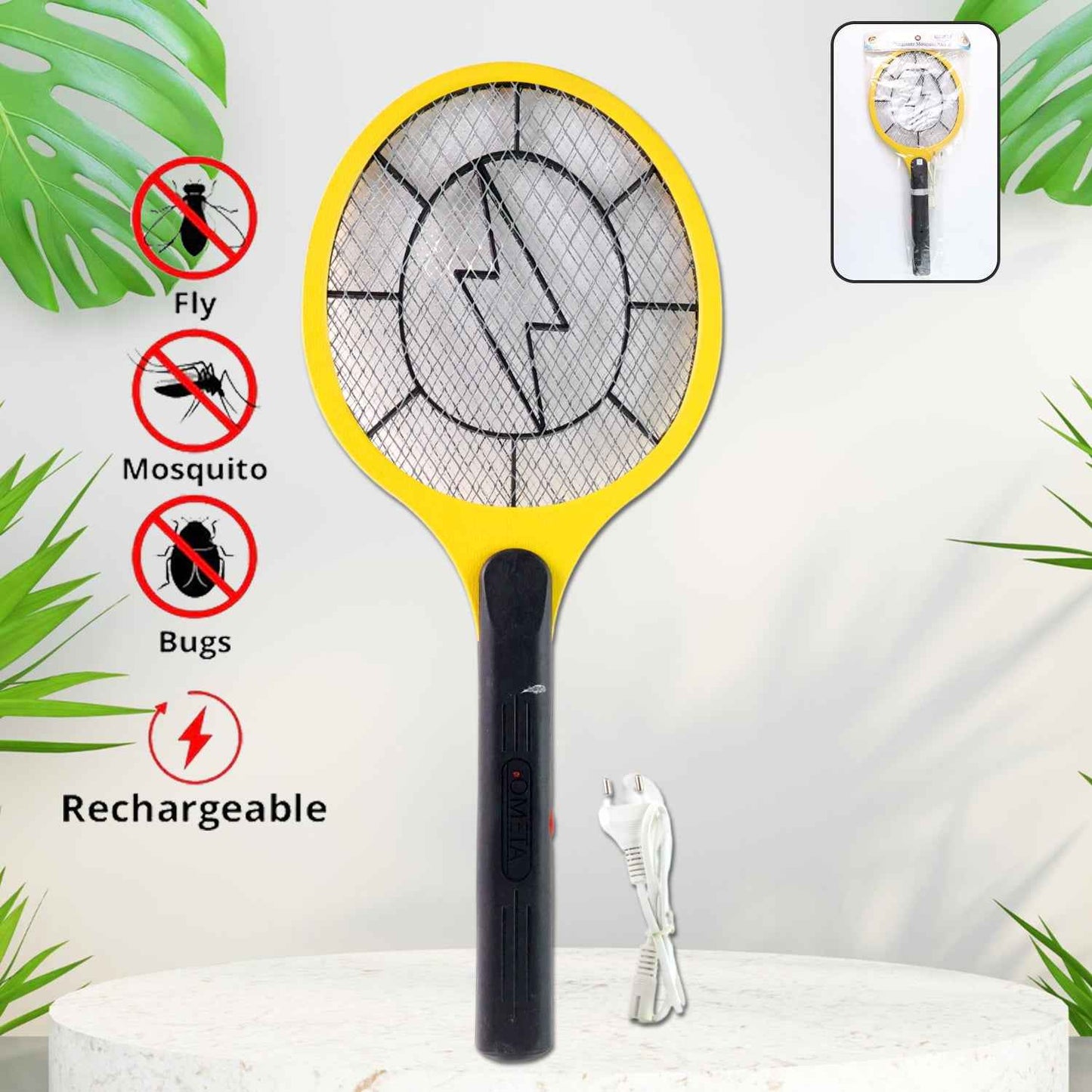 Yellow Rechargeable Electric Mosquito Killer Racket With Cable - Zidbik