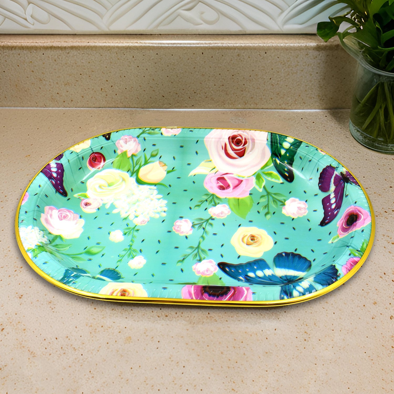 Plastic Flower Printed Design Serving Tray (3 Pcs Set  Mix Color) - Zidbik