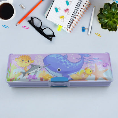 4138 Multipurpose Compass Box Plastic Double Deck Pencil Case With 2 Compartments Supplies Utility Box Storage Organizer Pencil Box For School Cartoon Printed Pencil Case For Kids Birthday Gift For Girls Boys - Zidbik
