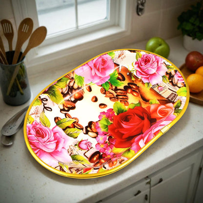 Plastic Flower Printed Design Serving Tray (3 Pcs Set  Mix Color) - Zidbik