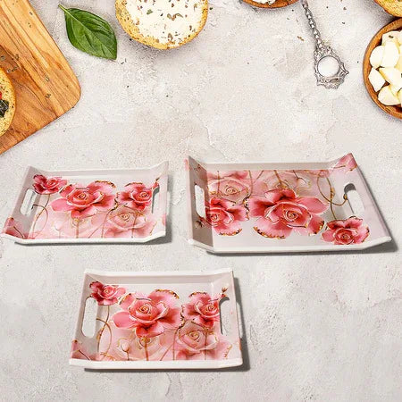 2292 Plastic Rectangular Shape Flower Printed Design Serving Tray 3 Pcs Home And Kitchen Use (3 Pcs Set) - Zidbik