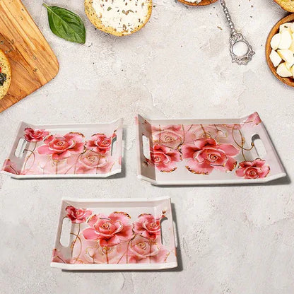 2292 Plastic Rectangular Shape Flower Printed Design Serving Tray 3 Pcs Home And Kitchen Use (3 Pcs Set) - Zidbik