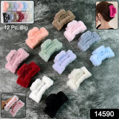 Big-size Soft Faux Fur Hair Claw Clips (12 Pc) - Zidbik