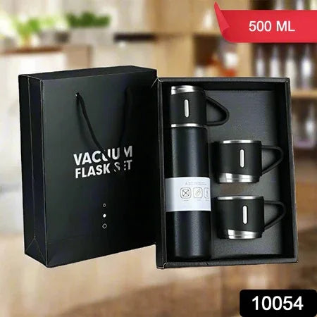 Stainless Steel Vacuum Flask Set With 3 Steel Cups Combo For Coffee Hot Drink And Cold Water Flask Ideal Gifting Travel Friendly Latest Flask Bottle. (500ml) - Zidbik