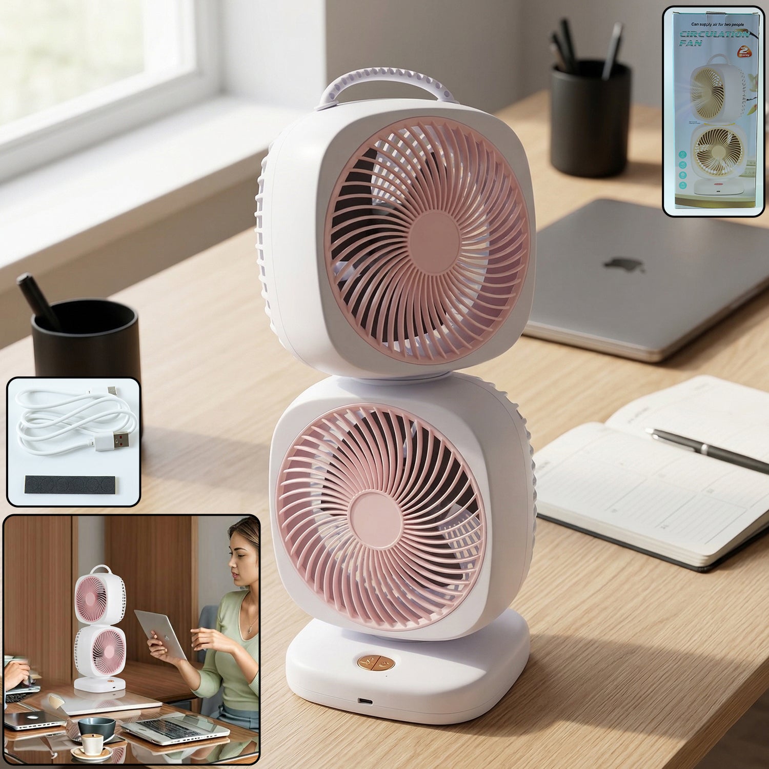 Portable Dual Head Usb Rechargeable Table Fan (1 Pc)