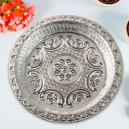 Traditional Silver Finish Plastic Pooja Thali (1 Pc) - Zidbik